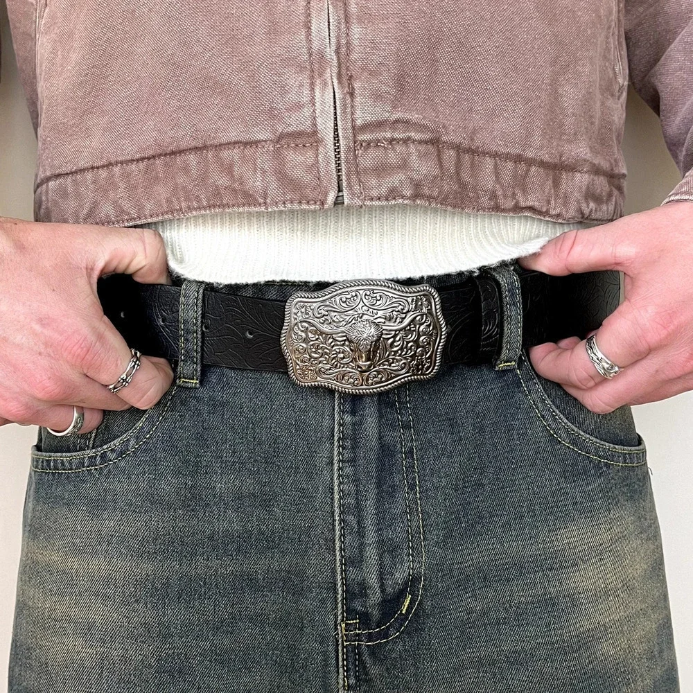 black american western cowboy silver bull design belt